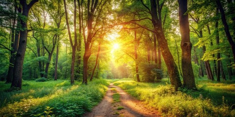 Obraz premium Retro summer woods photography: sunlit path, vibrant foliage, nostalgic charm.