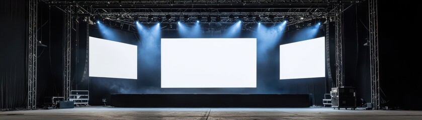 A stage with bright lights and blank screens, ready for a performance or presentation, creating an inviting atmosphere for audiences.