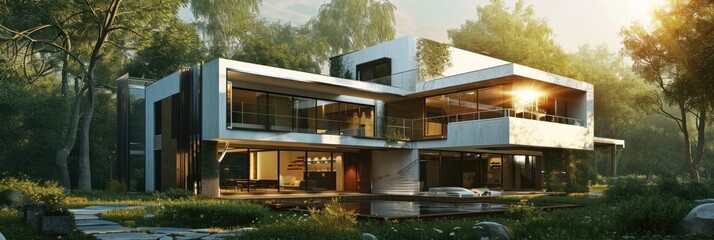 Obraz premium Modern Copper and White Residence with Expansive Garden and Sunlit Landscape