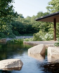 Naklejka premium Tranquil zen atmosphere at forest edge serene pond nature scene lush greenery peaceful view
