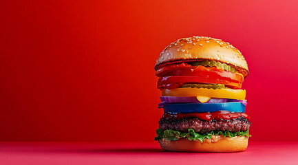 A vibrant rainbow colored background with a single hamburger