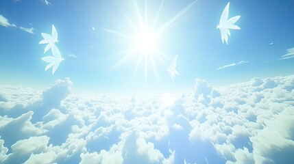 Fototapeta premium Above the clouds, bright sun, peaceful sky, flying leaves.