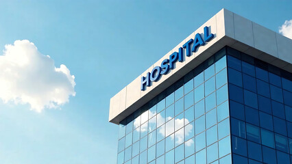 Obraz premium Photo of a hospital building with a blue logo on the roof against a sky background. new image
