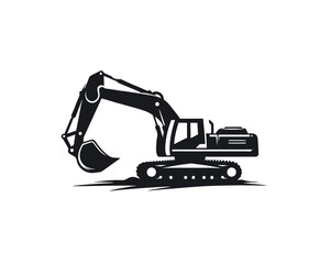 Naklejka premium Excavator truck silhouette depicted , with its arm and bucket extended as if in use. Clipart image isolated on white background 