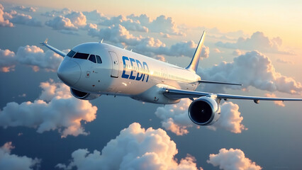 Fototapeta premium A commercial airplane with a blue logo flies through the sky. new image