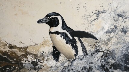 Magnificent Humboldt Penguin Emerging from the Ocean Waves