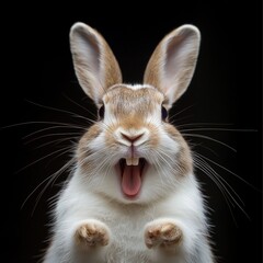 Fototapeta premium A cheerful rabbit mid-yawn captures heart with its cuteness.