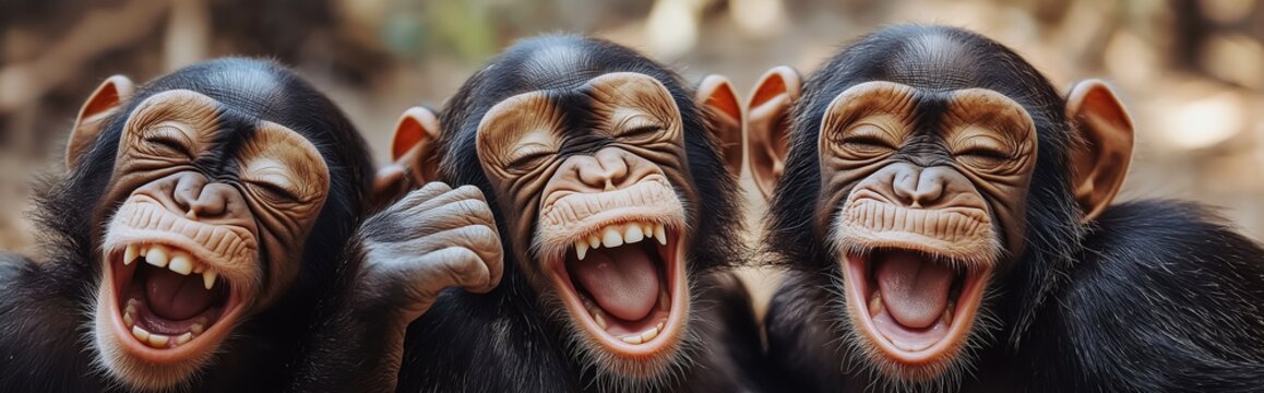 Three cheerful chimps laugh together, radiating pure joy.