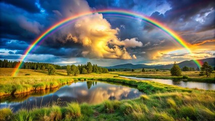 Fototapeta premium Background Wallpaper landscape Beautiful unusually colored landscape with lone tree rainbow and cloudscape ideal for desktop wallpapers. 