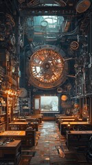 Obraz premium Steampunk Workshop Interior with Complex Machinery