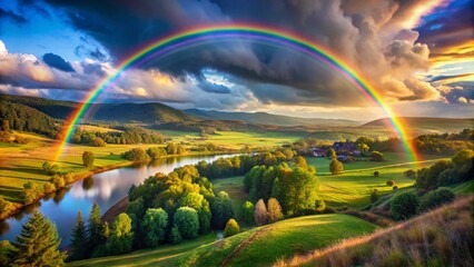 Fototapeta premium A rainbow background is over the river in Realistic Rainbow Scenery Showing in nature. 