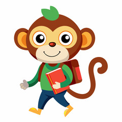 Vector art illustration of a monkey going to school with books in his hands
