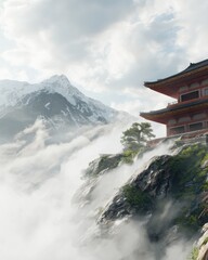 Serene mountain temple amidst ethereal mist tranquil landscape digital art peaceful environment scenic view zen concept