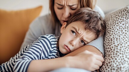 of a worried parent comforting a sick child, highlighting the emotional impact of norovirus. | Norovirus 