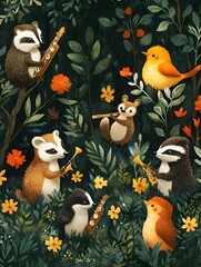 Joyful Musical Gathering of Woodland Creatures in Verdant Forest Clearing