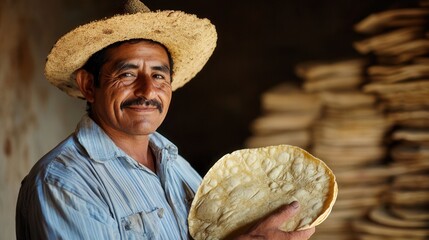 Mastering the art of tortilla making in a rustic kitchen with a warm smile. Generative AI