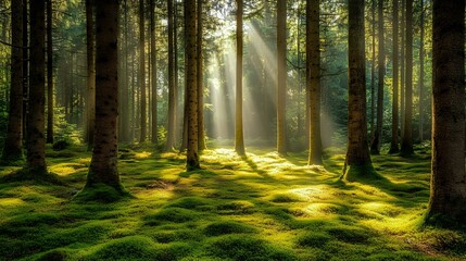 Quiet forest clearing with moss-covered ground and sunlight streaming through tall trees