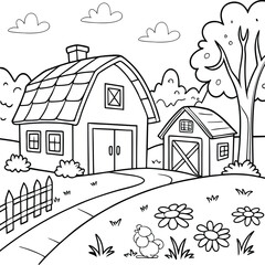 Farm house, barn house coloring page for kids. Summer landscape vector illustration
