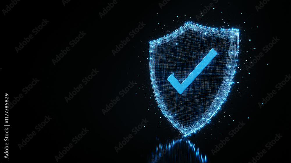 Poster glowing digital shield with check mark symbolizing security and protection