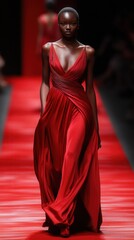 Fototapeta premium Striking elegance unfolds on the runway as a model showcases a dazzling red gown during a fashion event. Generative AI