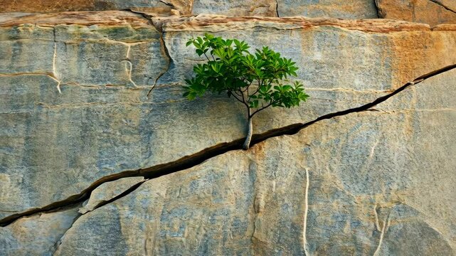 Tree grows out of a crack in a rocky cliff, showcasing resilience in nature's harsh environment