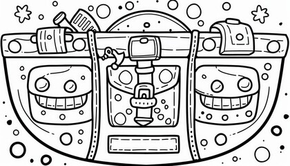 A quirky cartoon backpack with smiling pockets and travel essentials. Perfect for coloring pages or travel-themed designs.