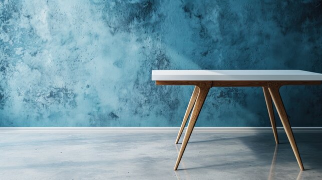 Minimalist Workspace: White Table with Blue Wall Texture Background