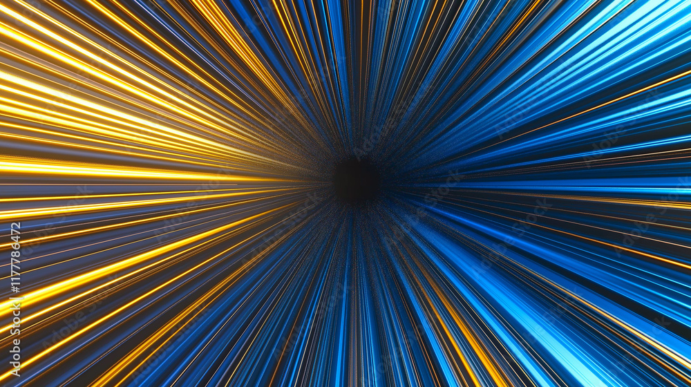 Poster blue and yellow speed lines converging into a black hole creating a tunnel effect