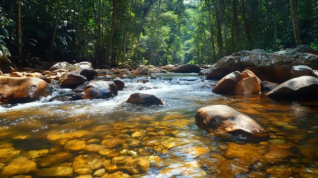 Scenic forest stream with clear water flowing over smooth rocks under dappled sunlight