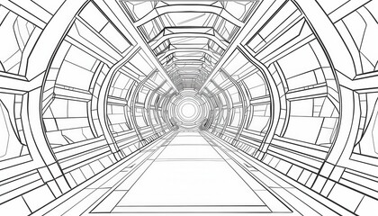 Obraz premium Intricate line art of a futuristic tunnel or corridor. Ideal for sci-fi illustrations, concept art, coloring pages, or technical blueprints.