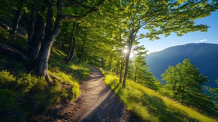 Obraz premium Scenic mountain trail with soft sunlight filtering through trees and a clear blue sky above