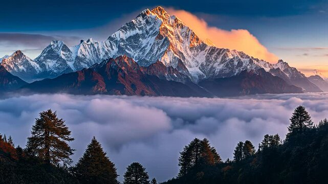 Majestic Mount Ama Dablam glowing at sunrise above a sea of clouds