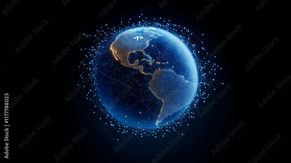 Poster planet earth rotating showing connections and data flowing through network of nodes