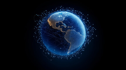 Planet earth rotating showing connections and data flowing through network of nodes