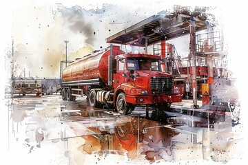Vibrant illustration of a red truck at a gas station, showcasing modern transport in industry.