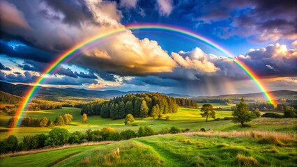 Fototapeta premium Summer landscape with a rainbow background. 