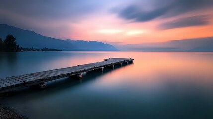 Obraz premium Serene lakeside view with a wooden dock extending into calm water under a pastel sunset