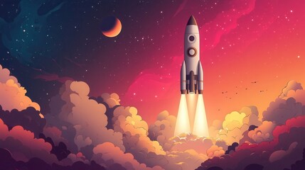 Vibrant rocket launch at twilight with cosmic clouds and a crescent moon illuminating the sky. Generative AI