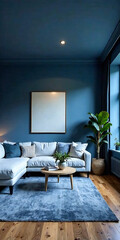 A modern living room bathed in blue tones, showcasing minimalist furnishings and decor. The spacious design includes plenty of copy space for customization. new image