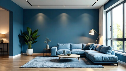 A modern living room bathed in blue tones, showcasing minimalist furnishings and decor. The spacious design includes plenty of copy space for customization. new image