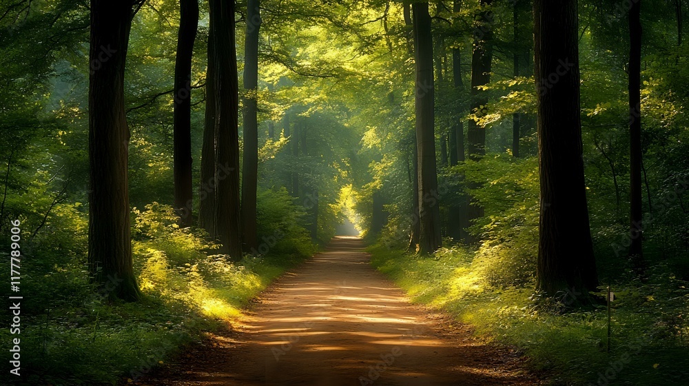 Aufkleber tranquil forest path surrounded by tall trees and soft sunlight filtering through the leaves