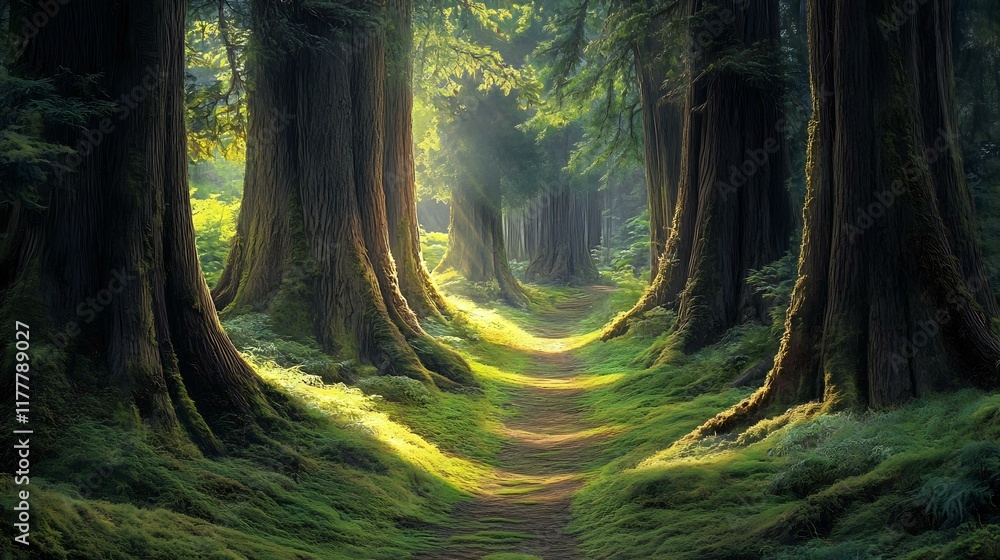 Aufkleber tranquil forest path lined with moss and surrounded by towering trees bathed in soft sunlight
