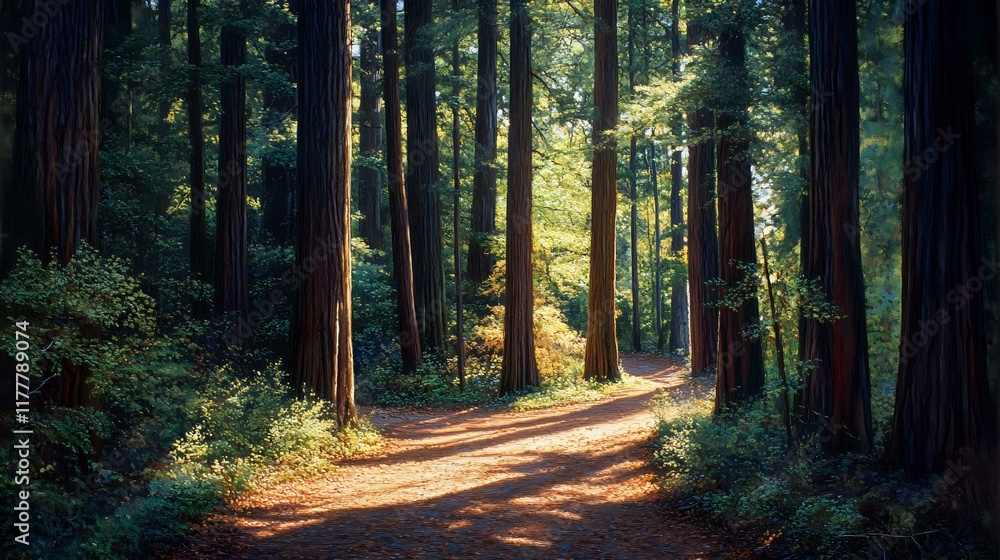 Aufkleber tranquil forest path surrounded by tall trees and soft sunlight filtering through the leaves