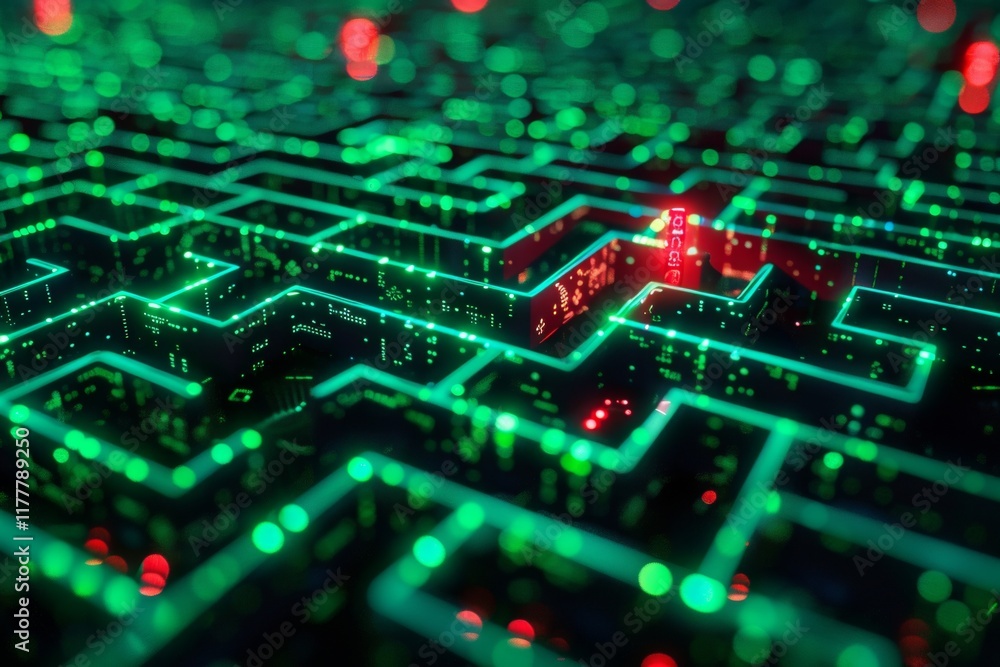 Poster exploring a digital maze of glowing green code virtual space abstract art futuristic environment clo
