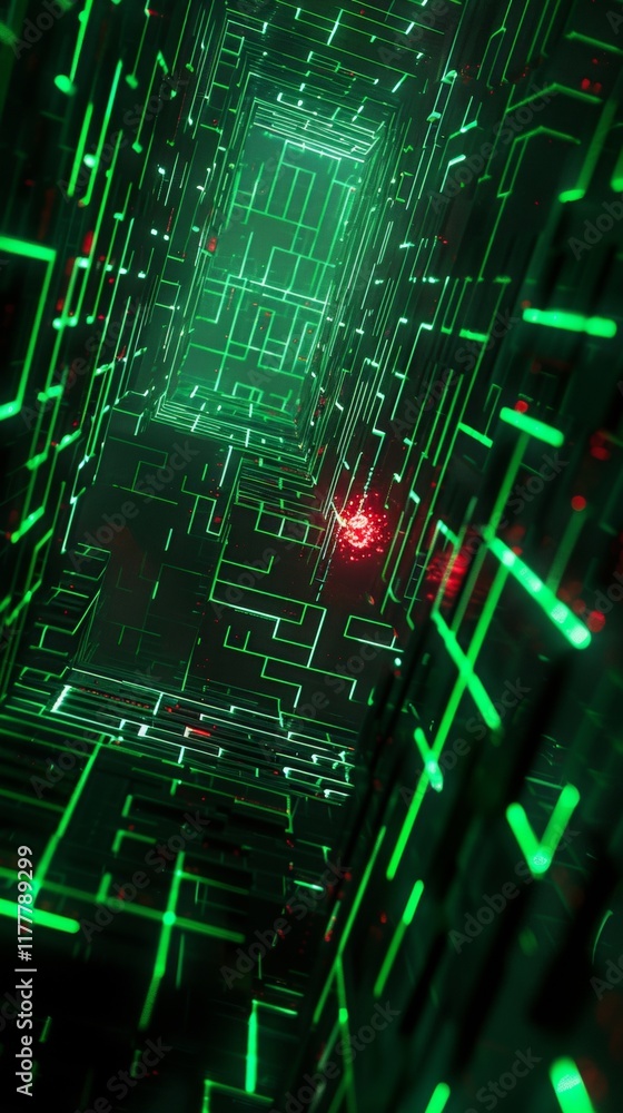 Poster digital maze of glowing green code virtual environment 3d animation futuristic concept immersive exp