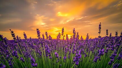Naklejka premium Vibrant field of lavender in full bloom under a golden sunset sky