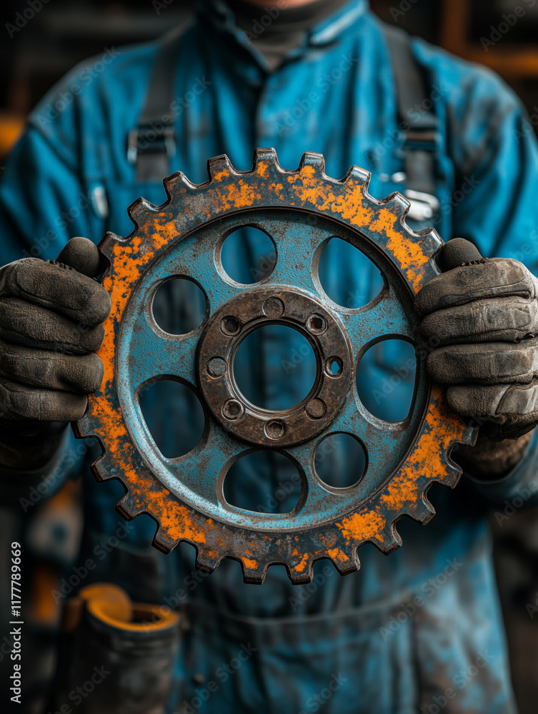 Aufkleber skilled mechanic showcasing a worn sprocket in a vibrant workshop setting