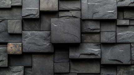 Textured Slate Wall with Varied Stone Tiles Creating a Unique Pattern, Ideal for Backgrounds, Interior Design, and Architectural Projects
