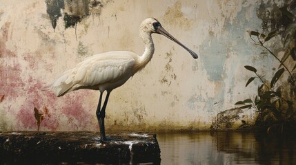Eurasian Spoonbill by the Weathered Wall