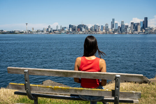 Rear View Of Woman Facing Seattle Skyline